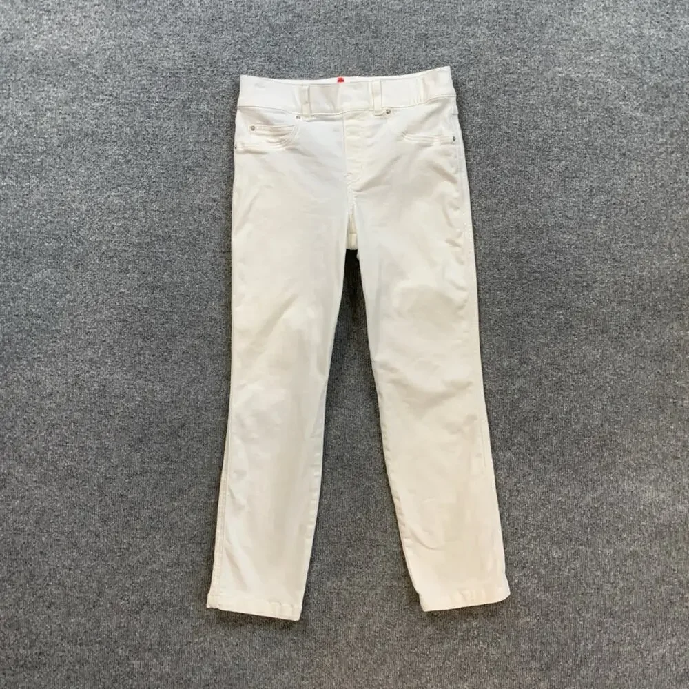Spanx Jeans Womens S Small White Denim Pull On Crop Straight Mid Rise Stretch